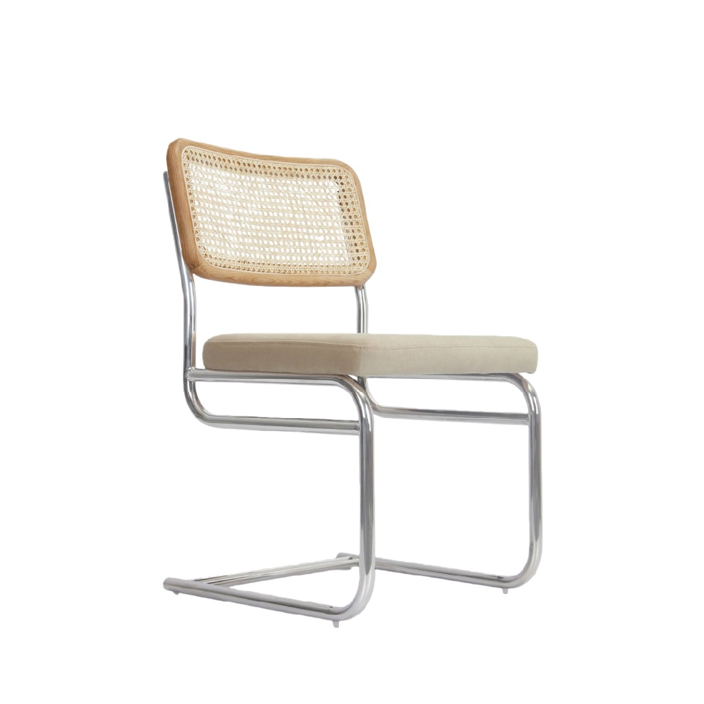 Chaise de salle à manger en métal chromé avec dossier en rotin et assise beige