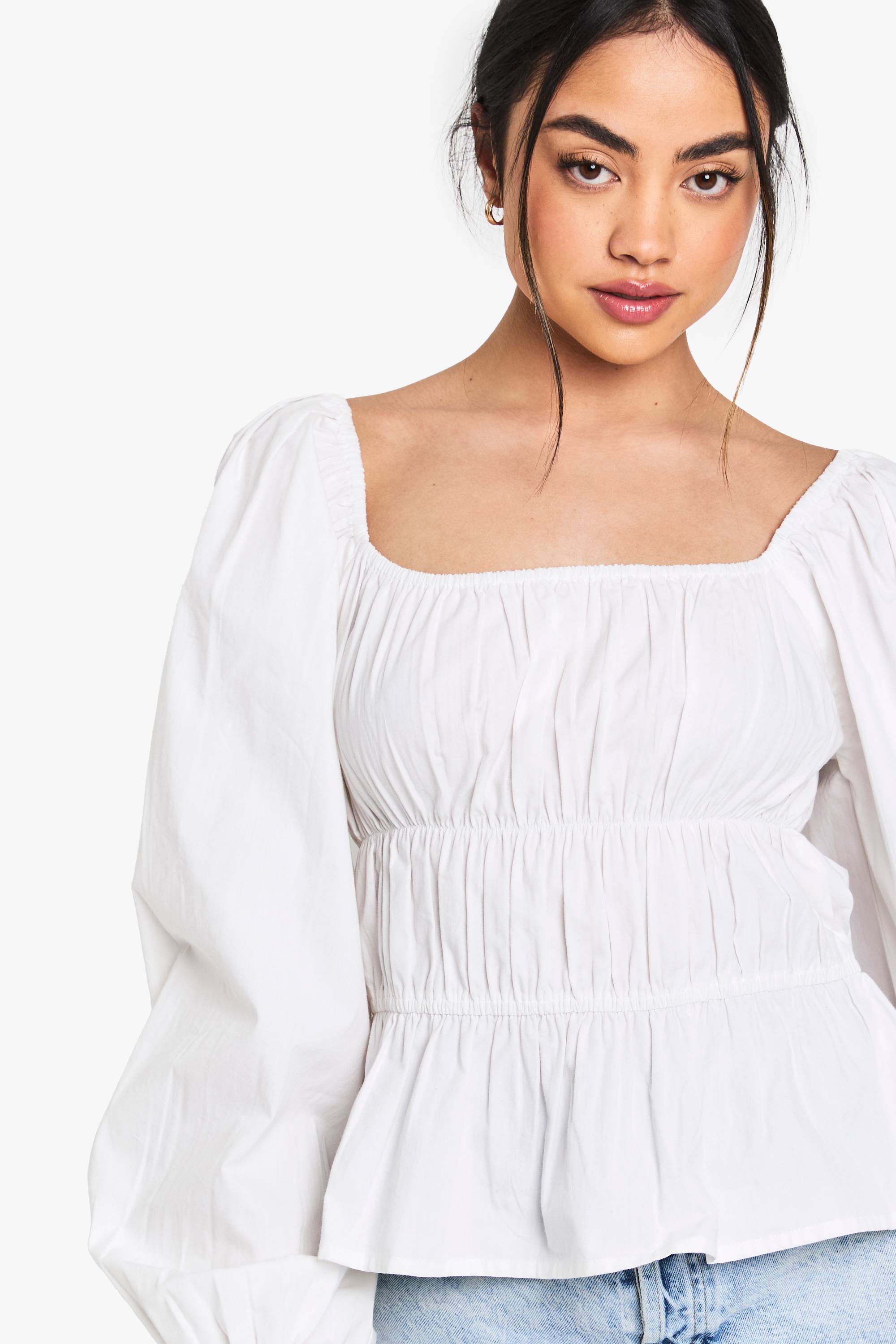 boohoo Blouse en popeline de coton froncée