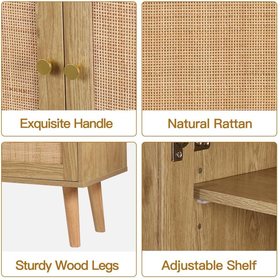 Natur Rattan Küchenschrank, Sideboard mit 2 Türen, Buffetschrank für Küche Aufbewahrungsschrank Möbel, Konsolentisch Kaffeebarschrank TV-Ständer für Wohnzimmer, Esszimmer, Flur