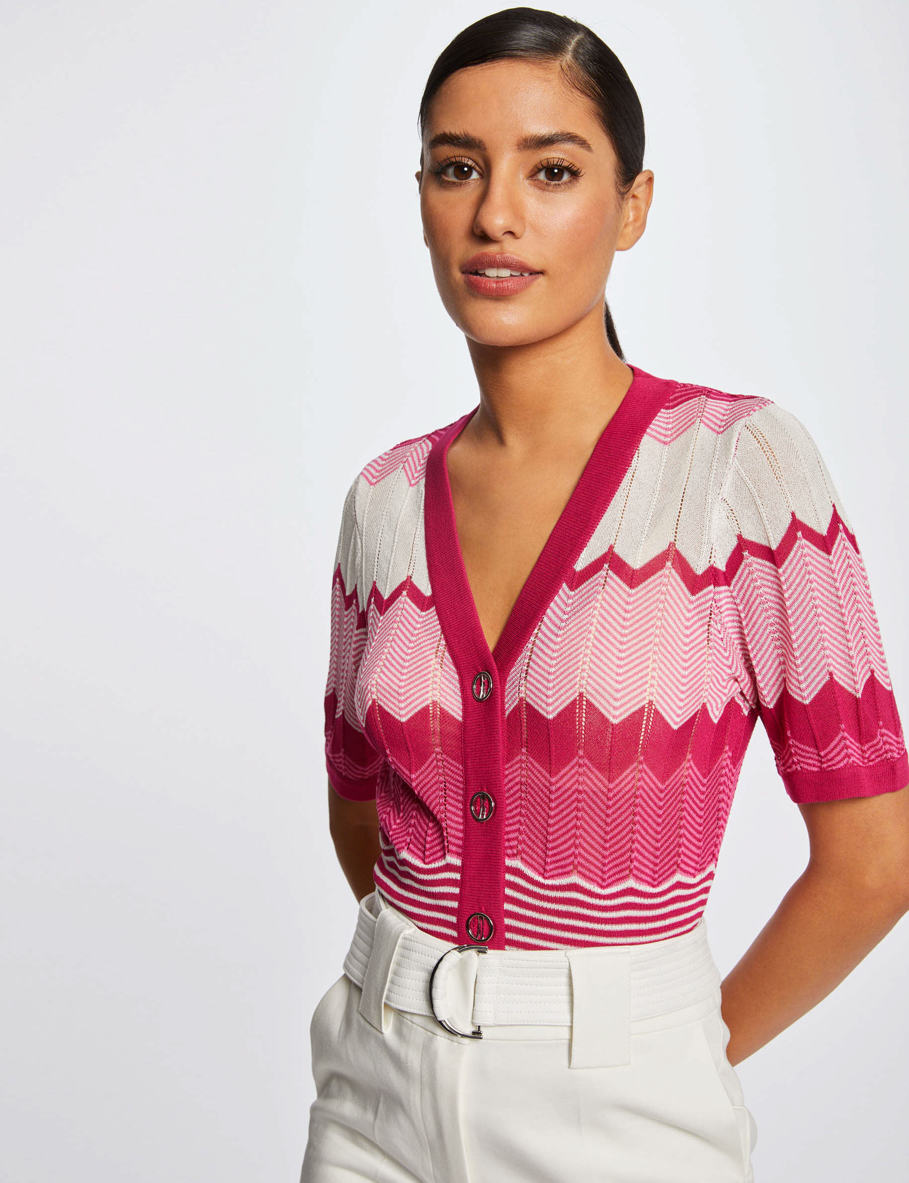 Pull manches courtes imprimé chevron rose fonce femme - rose_fonce