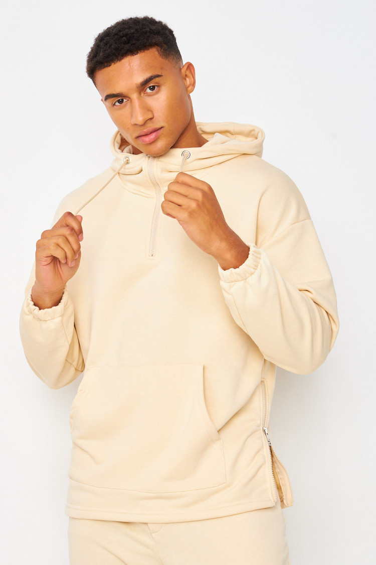Sweat à capuche demi-zip beige