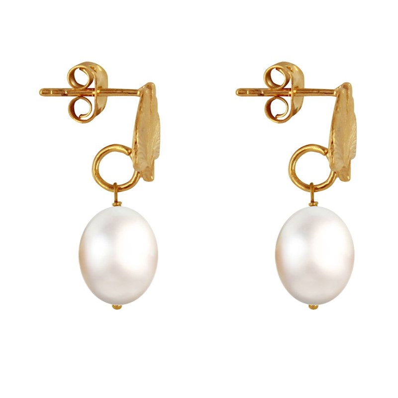 Boucles d'Oreilles Clous Plaqué Or Feuille de Ginkgo et Perle Blanche