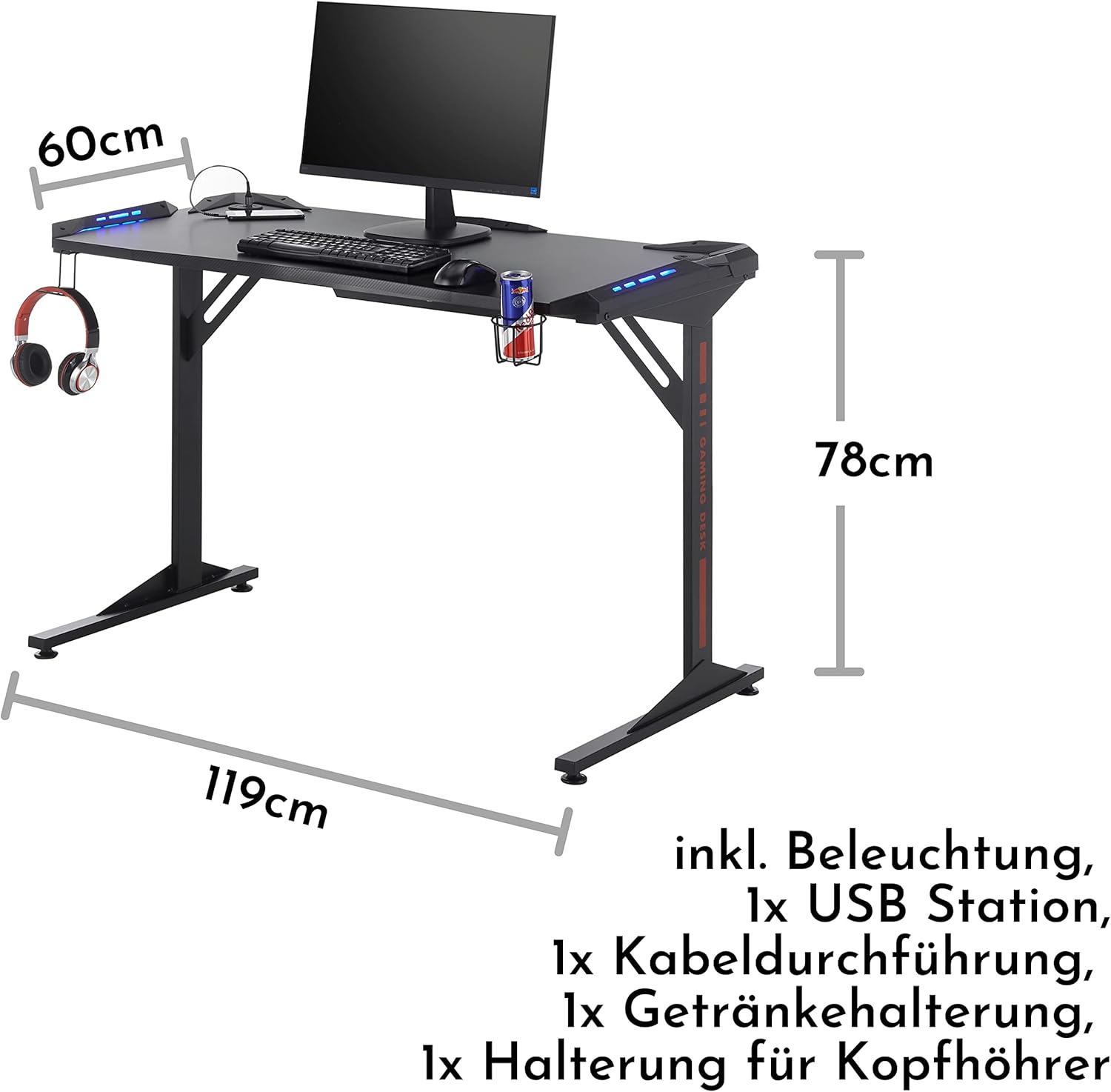 Stella Trading BC 3110 Gaming Tisch in Schwarz, Carbon-Optik - Gaming Schreibtisch mit LED-Beleuchtung, USB-Anschlüssen & Getränkehalterung - 119 x 78 x 60 cm (B/H/T)