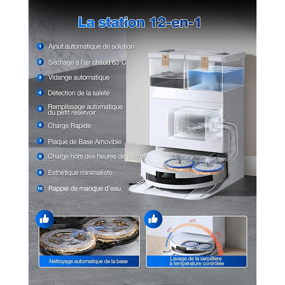 ECOVACS T50 Max Pro Omni Aspirateur Robot avec Station, 18500Pa, Brosse latérale et serpillière Extensibles, Ajout Automatique Solution de Nettoyage, Lavage à l'eau Chaude 40-75 ℃, Blanc : Cuisine et Maison