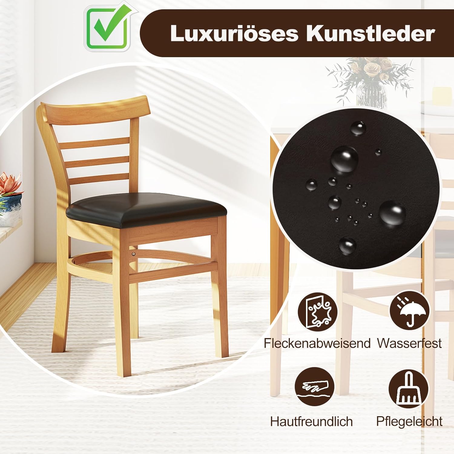 COSTWAY Esszimmerstühle 2er Set, Küchenstühle Holz, Esstisch Stühle mit gepolsterter Sitz, Holzstühle bis 180 kg belastbar, für Esszimmer, Küche (Natur)
