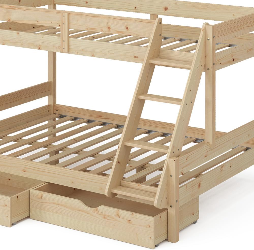 Etagenbett 140x200 / 90x200 cm Everest mit Schubladen - Naturholz 208x131x159 cm aus Holz - Bett für Kinder & Gäste, inklusive Lattenroste