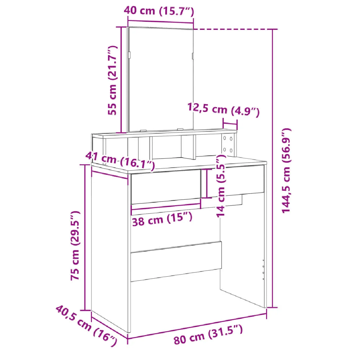 vidaXL Coiffeuse avec miroir - 80x41x144,5 cm