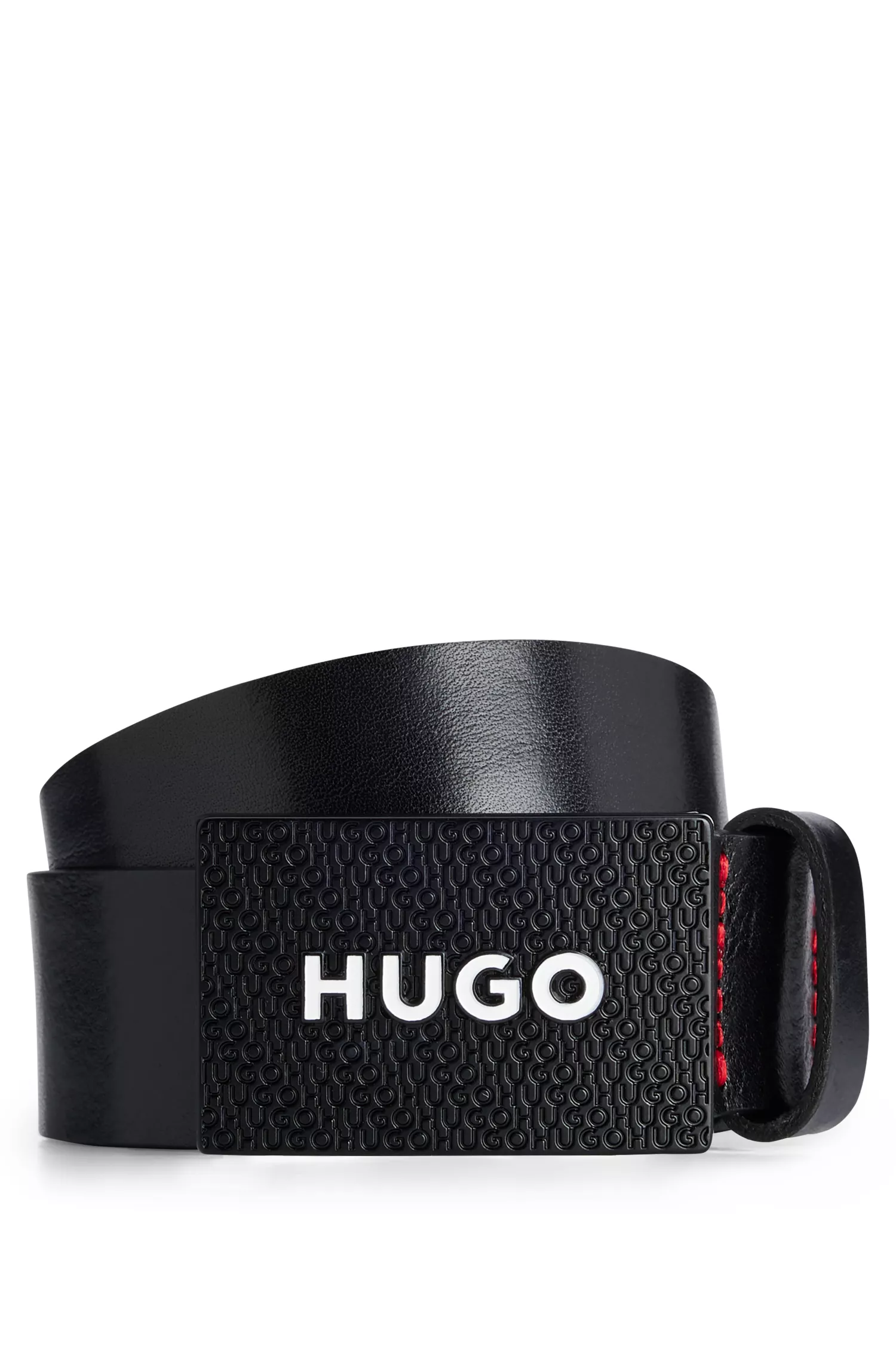 Cinto HUGO em couro italiano vermelho com fivela de placa com a marca.