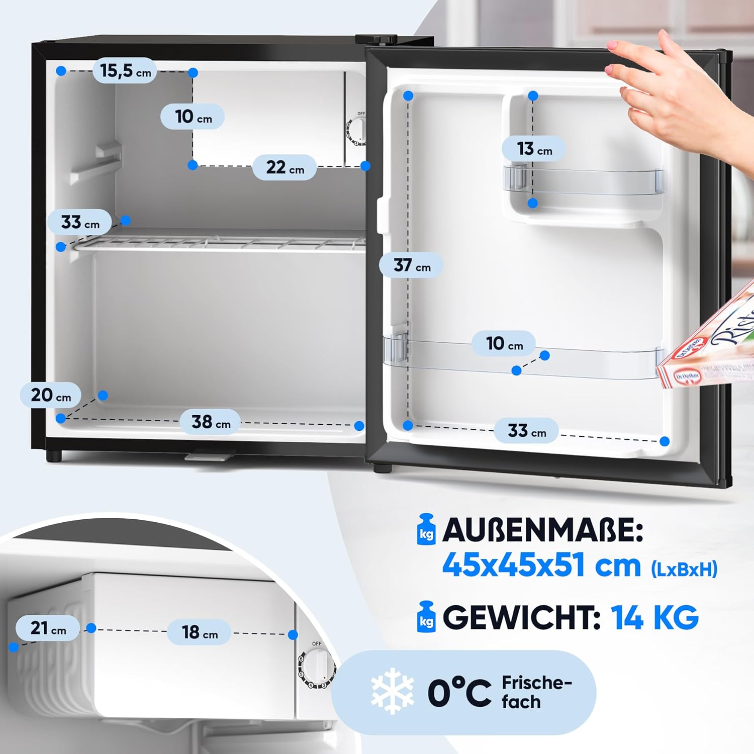 Stillstern Mini Kühlschrank E 45L mit Abtauautomatik, Schloss, Frostfach, Leise, Ideal für Küche, Büro, Schlafzimmer, Hotels und kleine Wohnungen Kühlschrank klein Minibar R600A Getränkekühlschrank