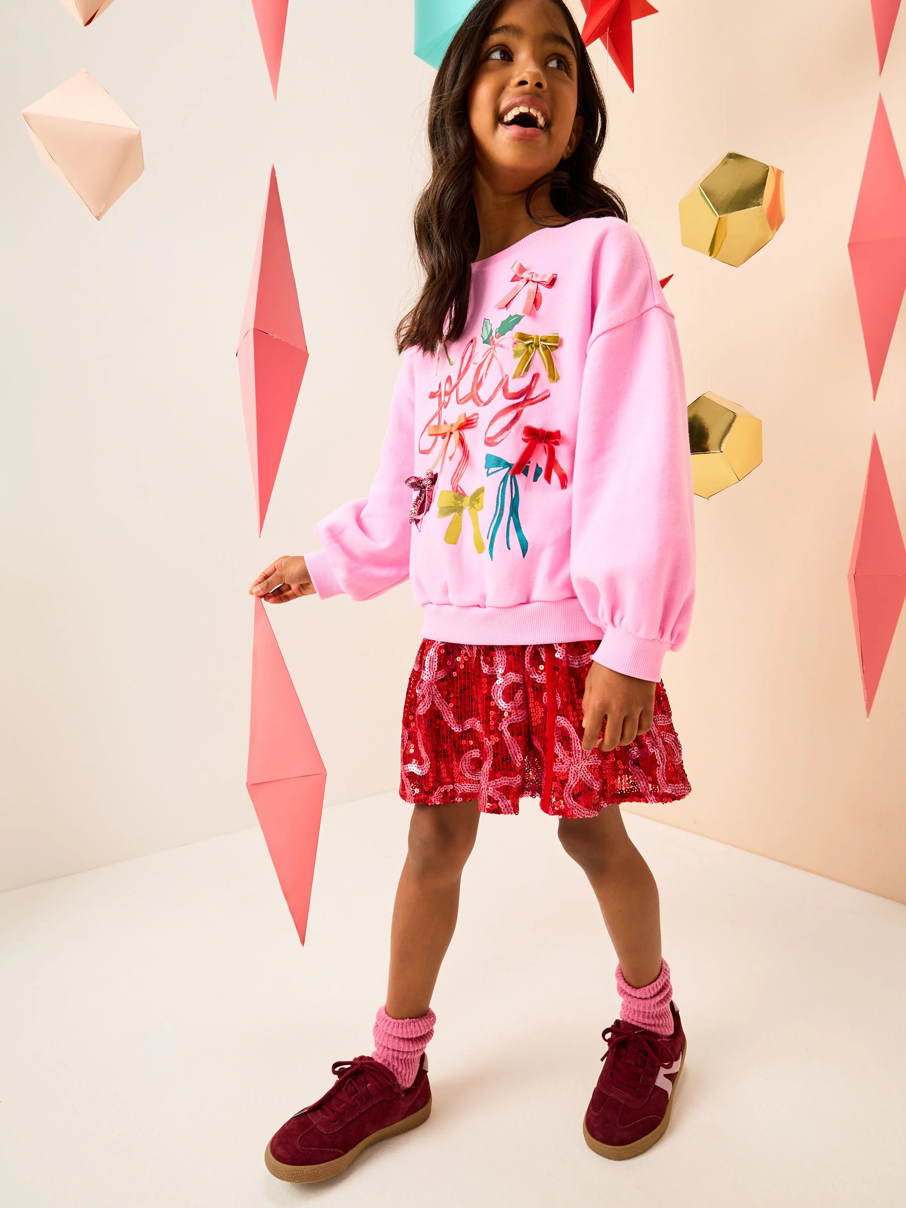 Roze Jolly met strik - Kersttrui-sweatshirt (3-16jr)