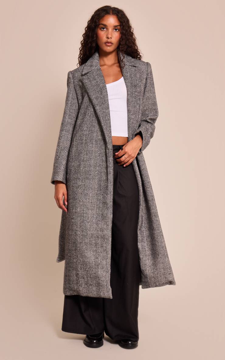 Gris Manteau Long À Chevrons Avec Ceinture À Nouer À La Taille
