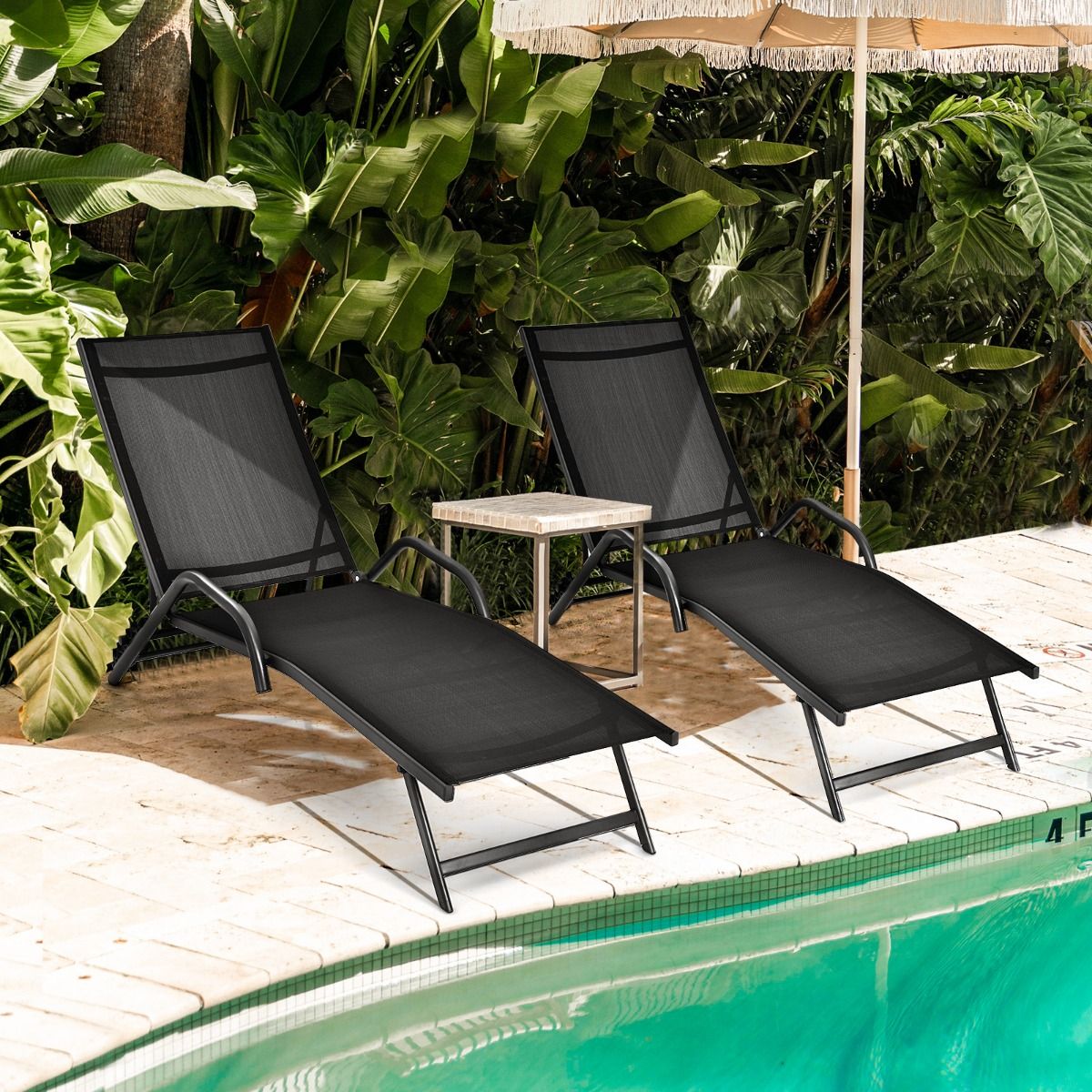 Lot de 2 Bains de Soleil Inclinables d'Extérieur avec Accoudoirs et Dossier Réglable à 5 Positions Charge 160 kg Noir - Lidl-Manfred