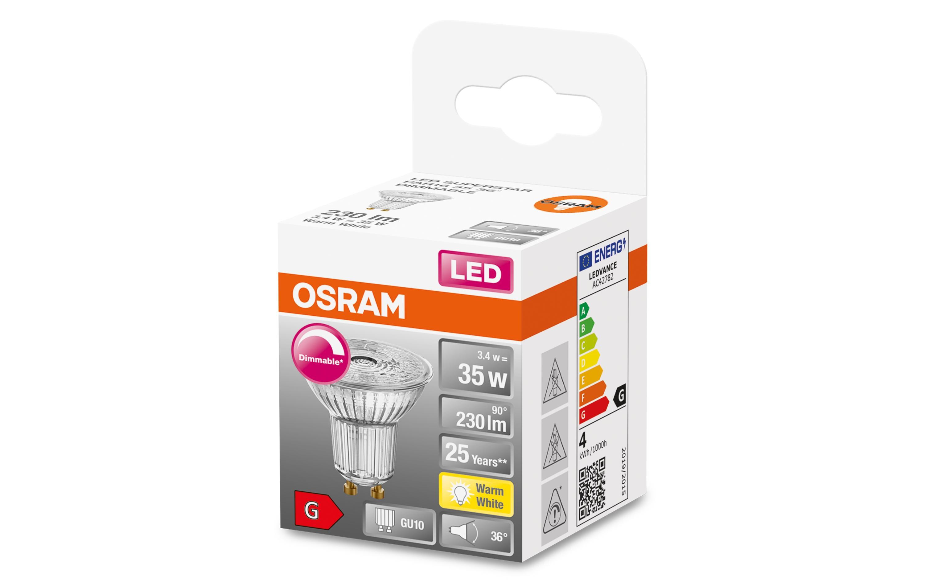 Lampe Superstar Par 16 35 36 °, 3.4W, GU10, WarmweissDimmbare LED-Reflektorlampen PAR16 mit Retrofit-Stecksockel