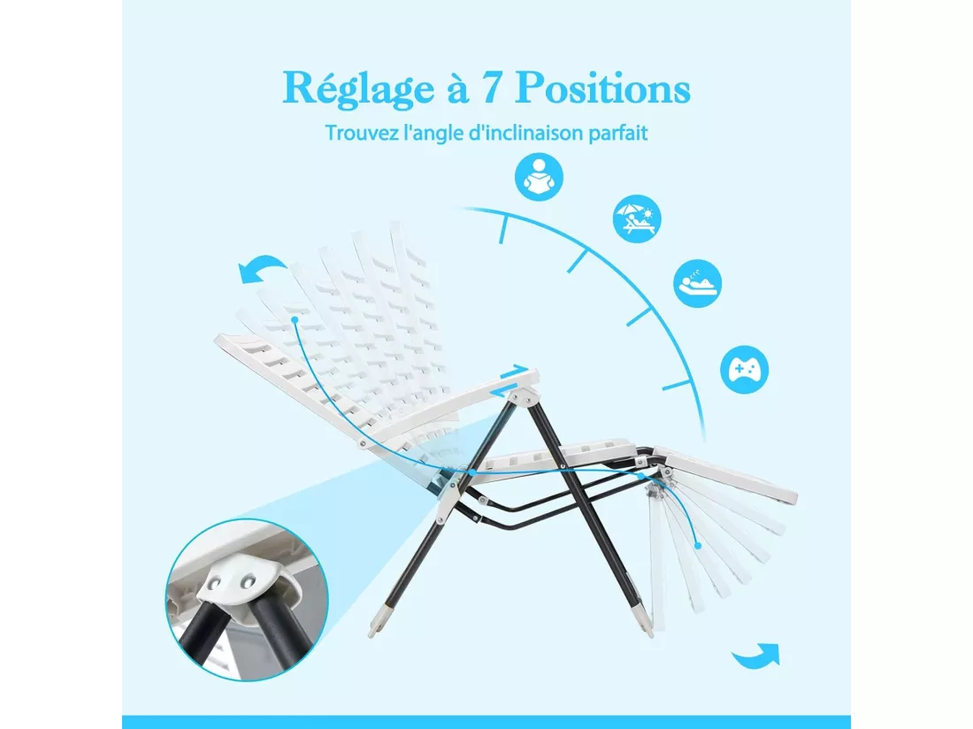 Lot de 2 Chaise Longue Inclinable avec Dossier Réglable à 7 Positions, Fauteuil de Jardin Pliante en PP Résistant, Bain de Soleil pour Terrasse, Piscine, Charge 120 KG, Blanc(2)