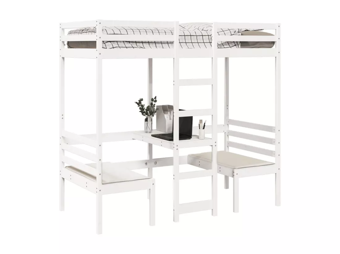 Lit mezzanine avec bureau et chaises blanc 80x200 cm pin massif