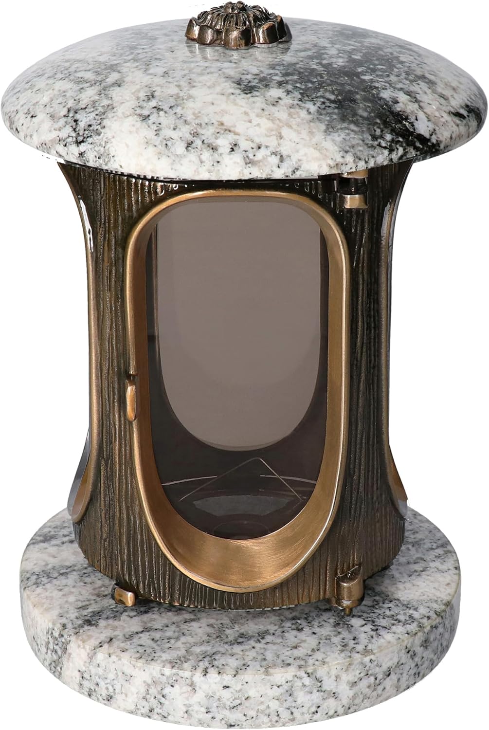 Stilvolle Grablaterne Granit Viscont White Höhe 23 cm/Ø 15 cm Bronze mit Rosette