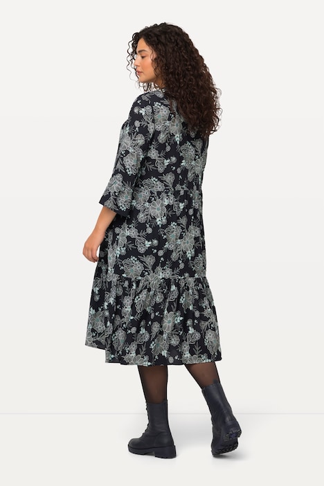 Midikleid, Volants, A-Linie, Tunika-Ausschnitt, 3/4-Arm