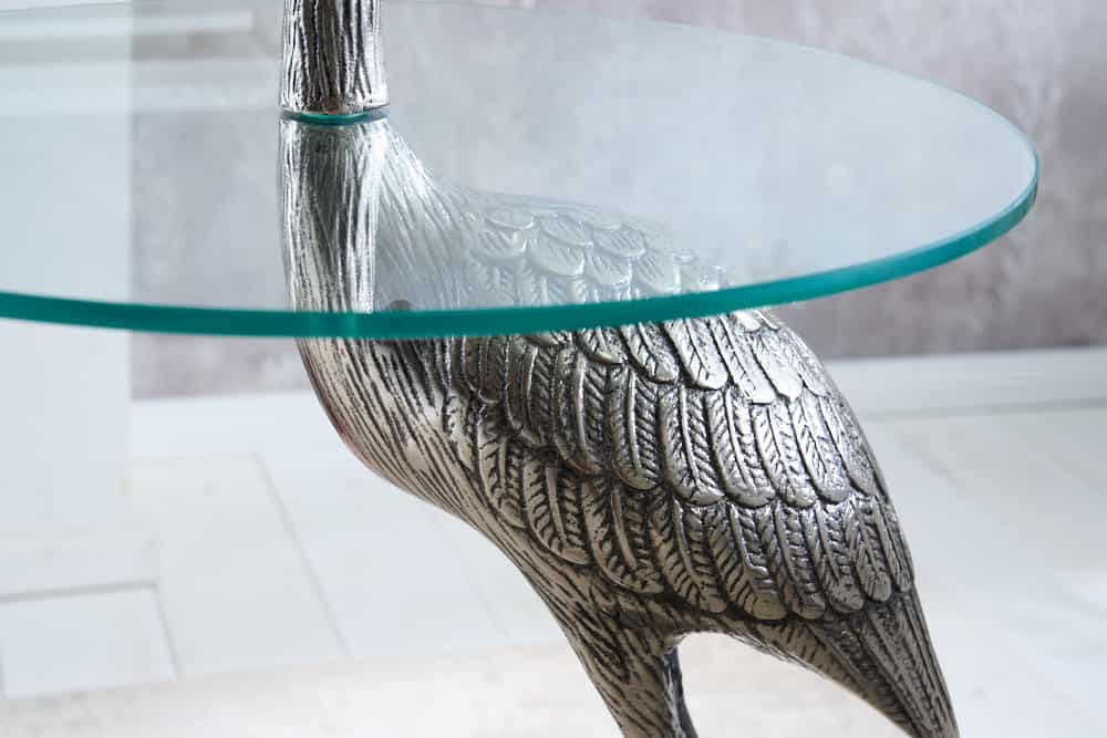 Runder Beistelltisch WILDLIFE HERON 90cm silber Metall Glas Fischreiher Skulptur handmade