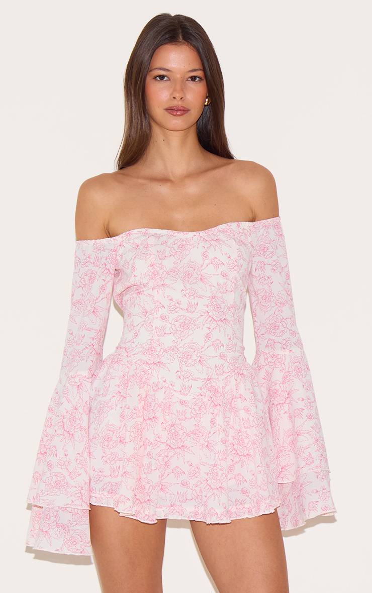 Rose Combinaison-short À Motifs Abstraits Col Bardot Et Manches Évasées