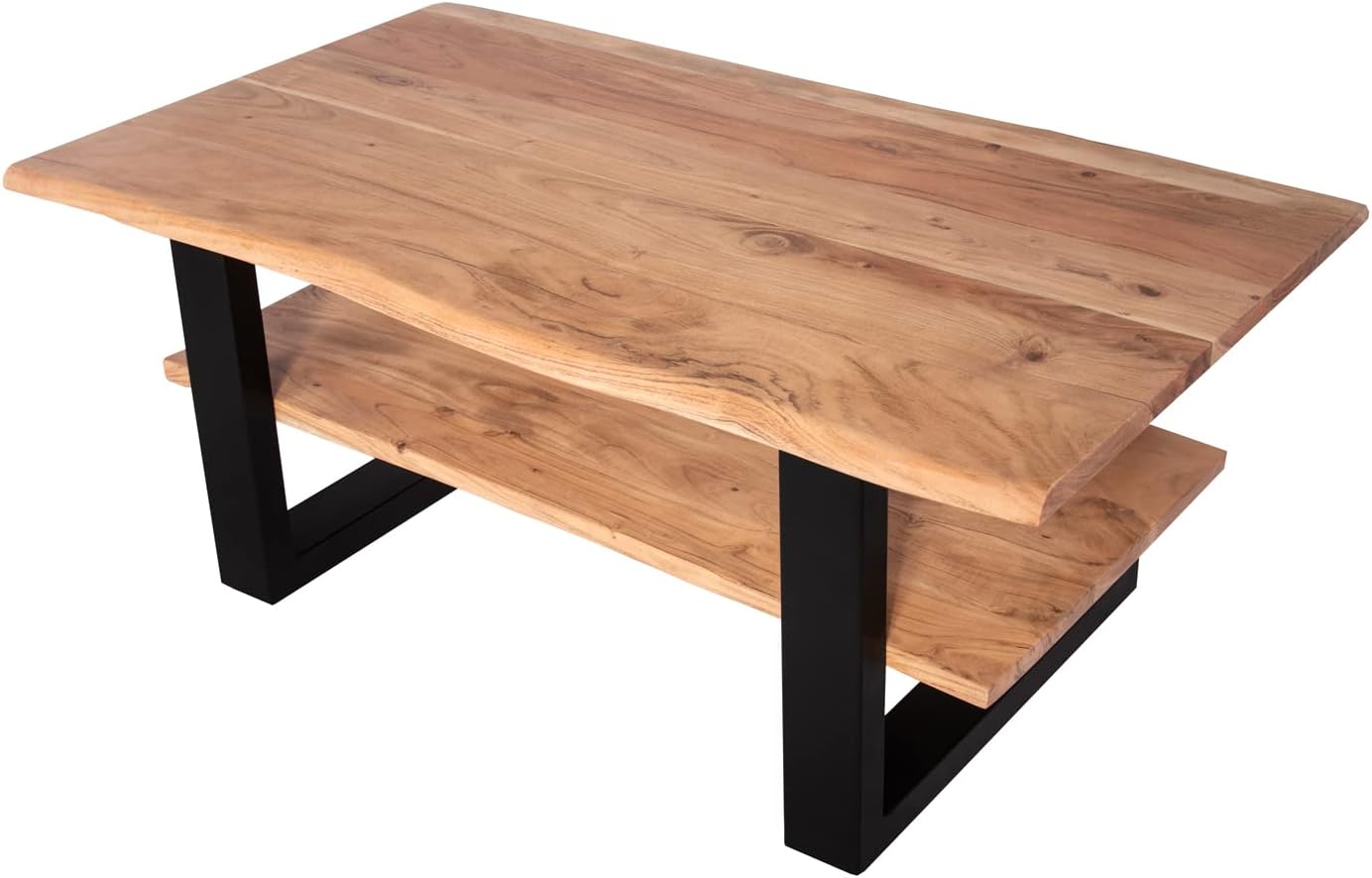 SAM Couchtisch 115x65 cm Patrick, Sofatisch mit Ablage, Akazienholz massiv + naturfarben + lackiert, Beistelltisch mit schwarzem U-Metallgestell, echte Baumkante