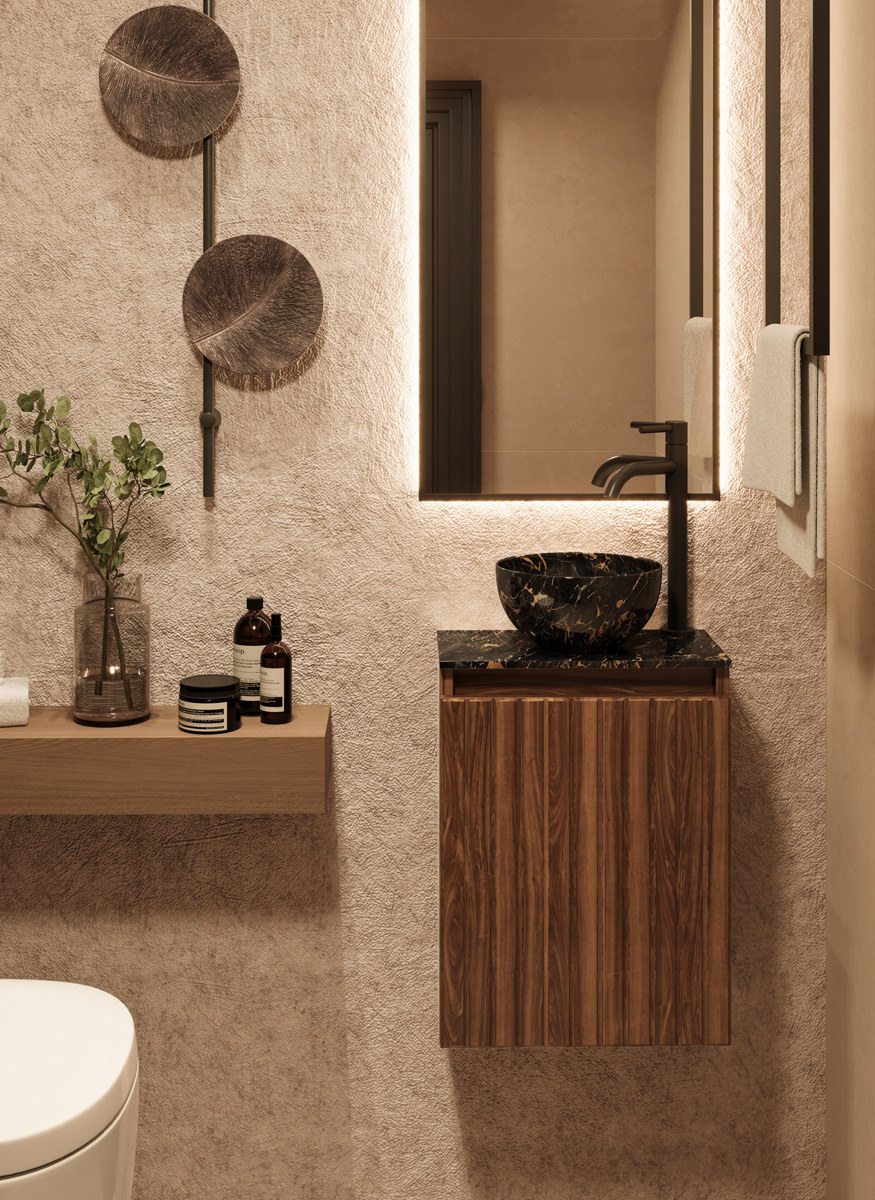 Fontana Athens Portoro Gold Micro Marble toiletmeubel met ribbelfront 40cm walnoot