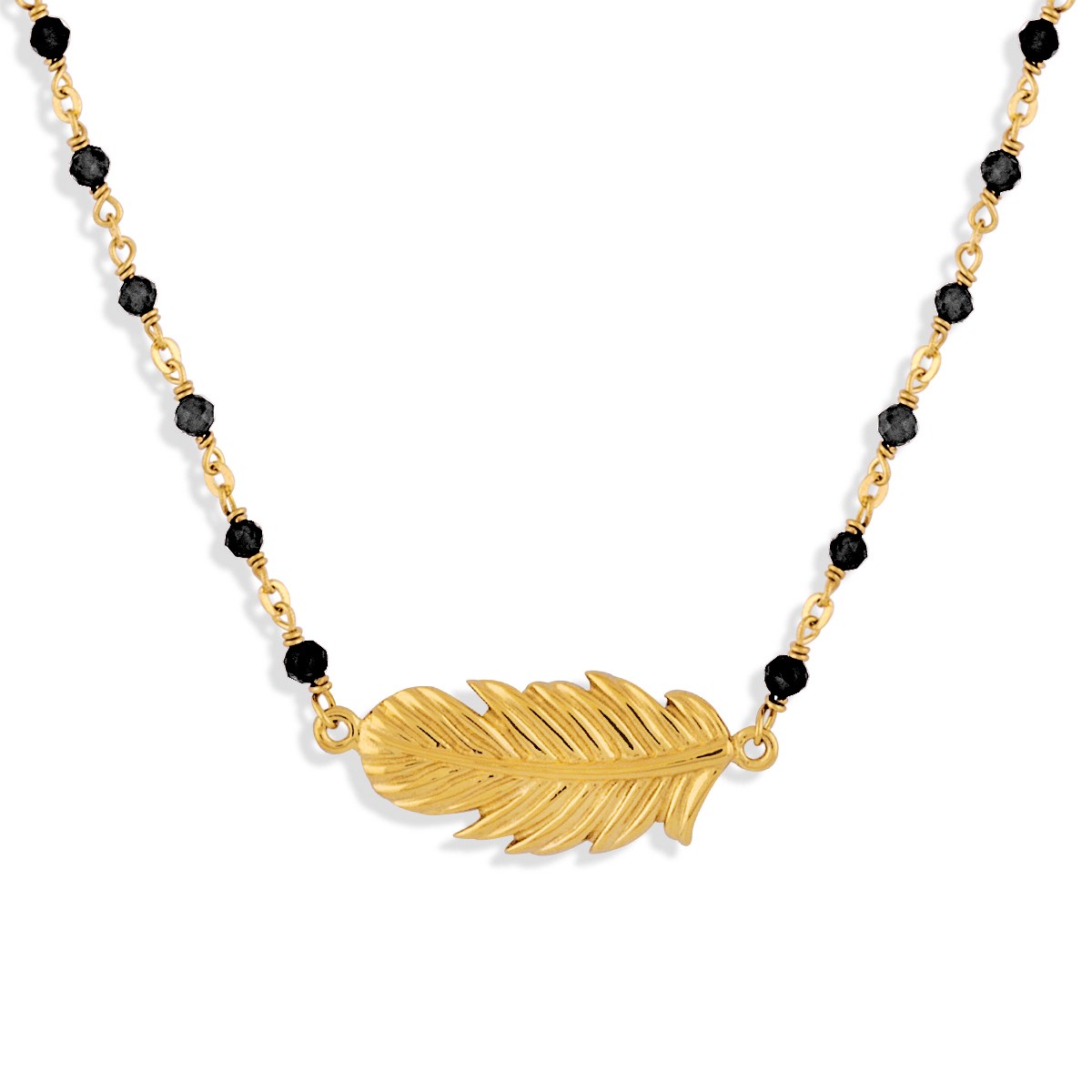 Collier Argent Doré Plume Et Pierres Naturelles Noires
