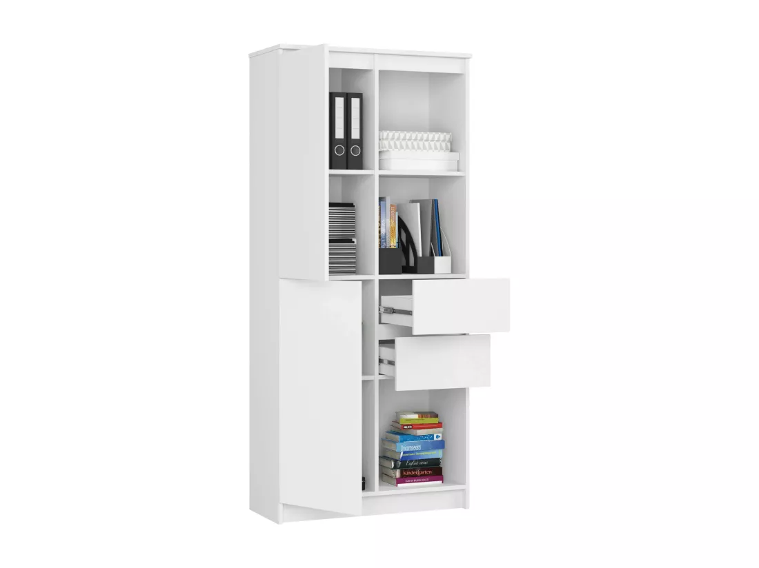 Bibliothèque de bureau AKORD R15 Blanche 80 cm 1 porte 2 tiroirs façade Blanche mat 7 étagères 80x35x180 cm