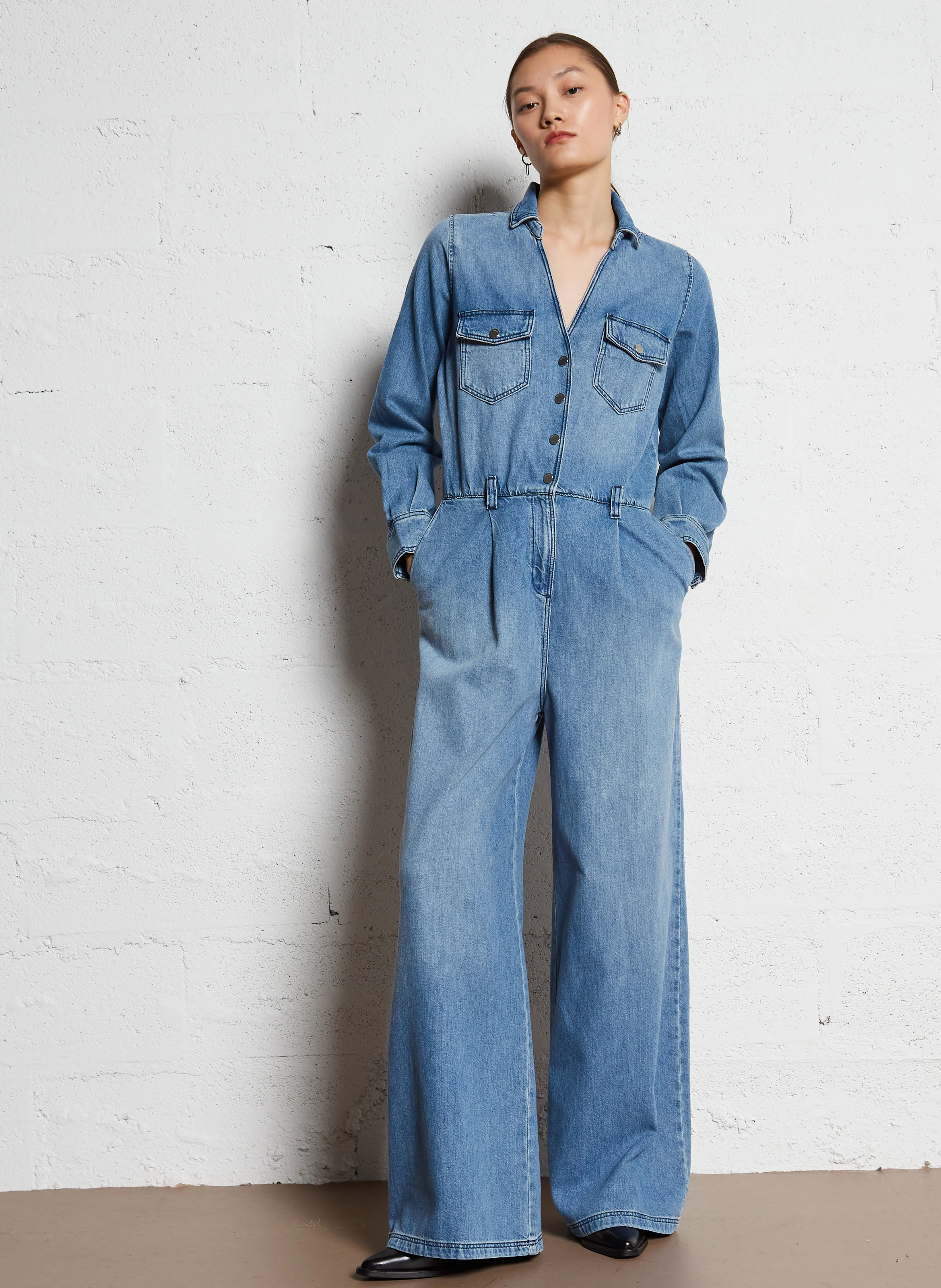 FANNIE - Combinaison à col chemise boutonné et jambe large en coton | Bleu