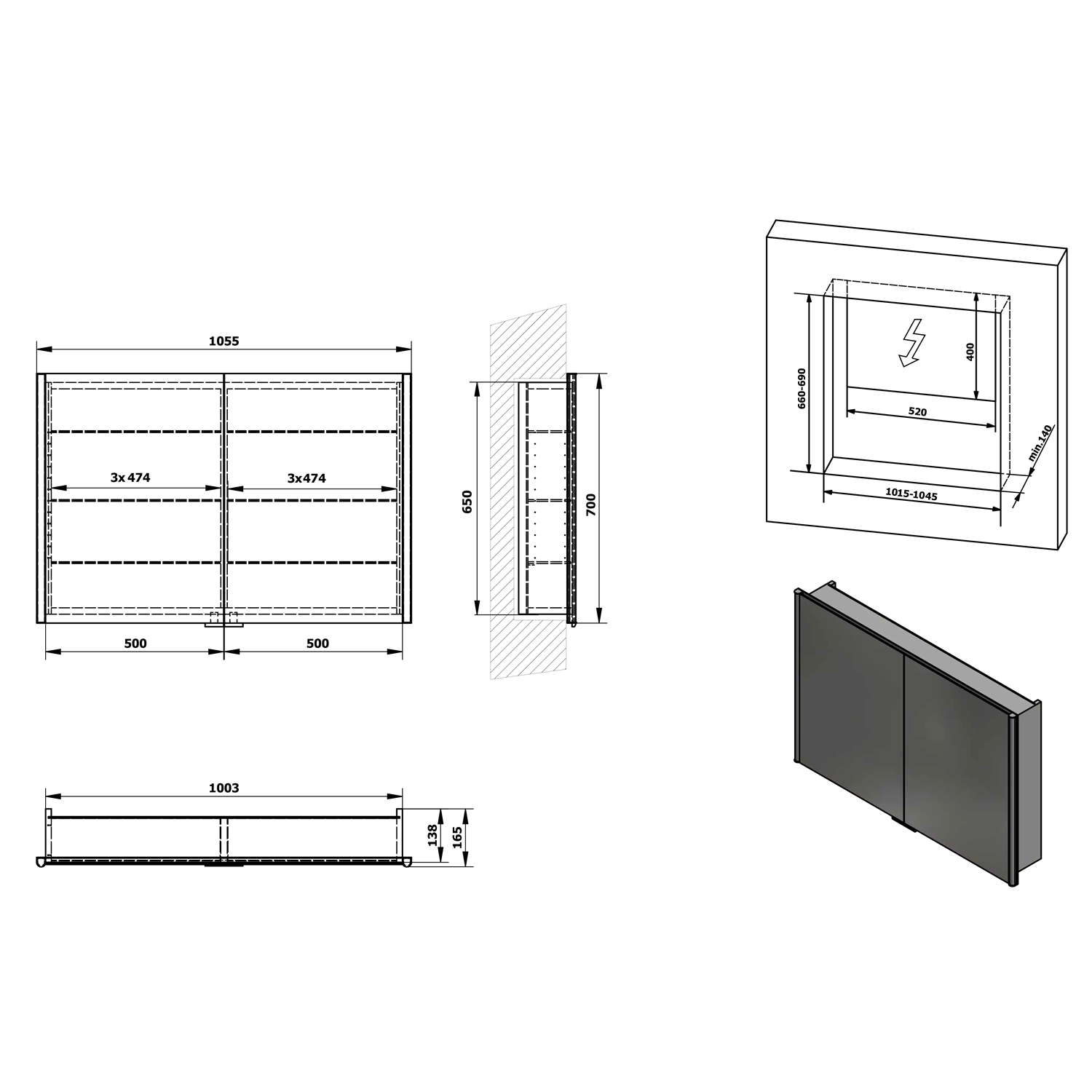 Sapho Integra inbouw spiegelkast met LED verlichting 105x70cm