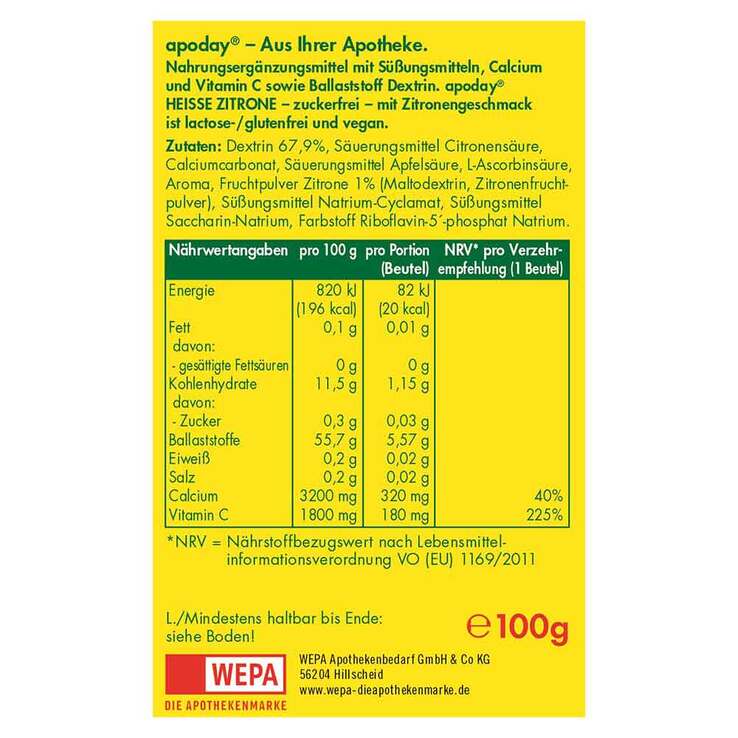 Apoday Heiße Zitrone Vitamin C und Calcium ohne Zucker Pulver, 10X10 g