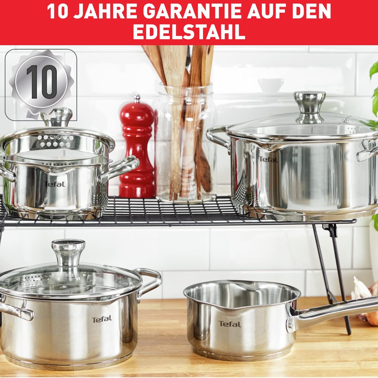 Tefal Duetto Topfset Induktion 9-teilig, robuster und hochwertiger Edelstahl, Induktions Töpfe Set mit Siebdeckel, backofengeeignet bis zu 260°C (ohne Deckel), für alle Herdarten geeignet, A705S9