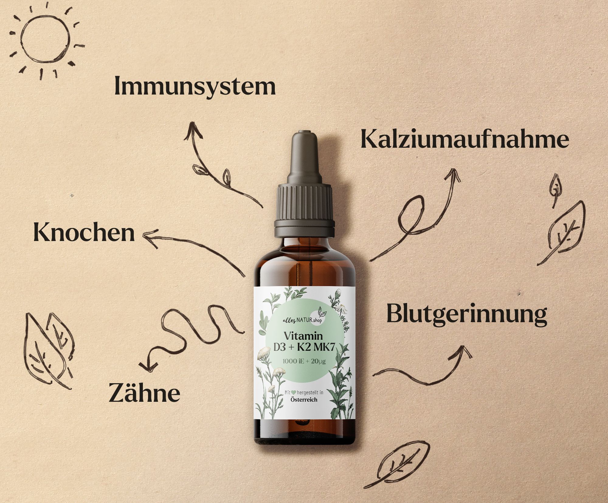 Premium Vitamin D3+K2: 1000 IE hergestellt in Österreich