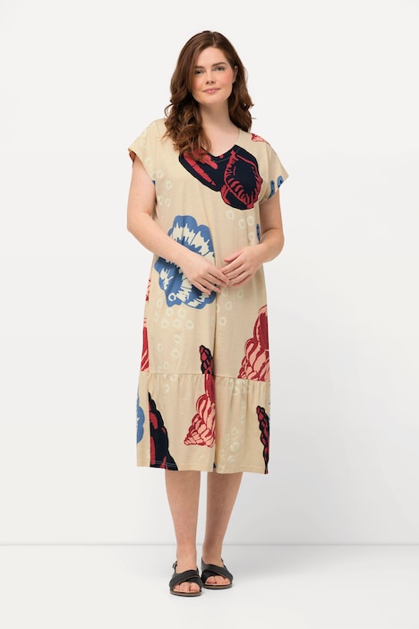 Midikleid, Ozeanmotive, V-Ausschnitt, Halbarm, Biobaumwolle