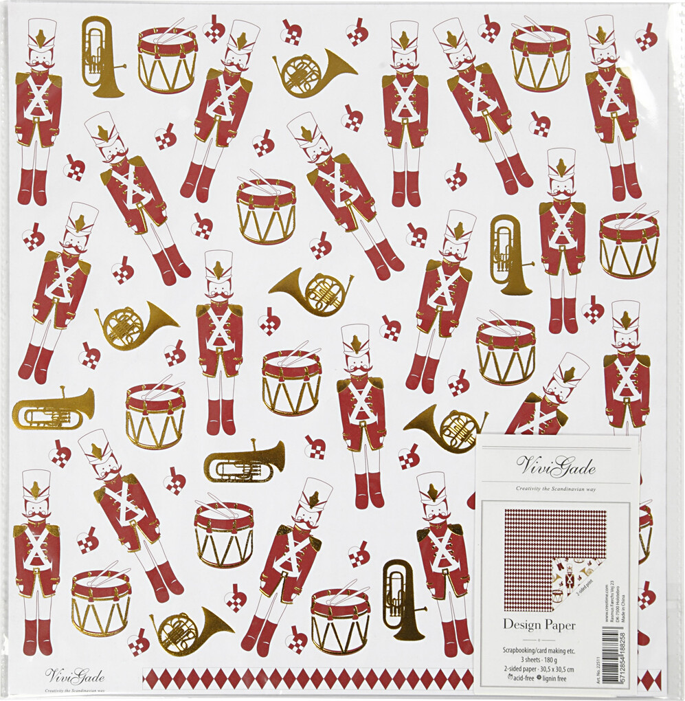 Designpapir - Nøddeknækker - 180 G - Guld - Rød - Hvid - 3 Ark