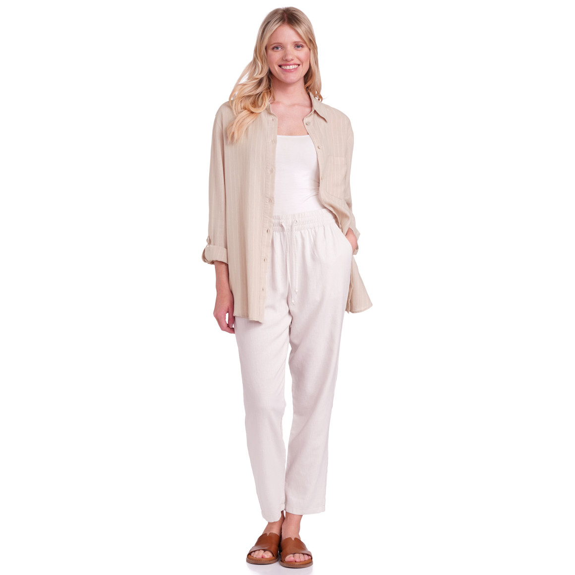 Gina Benotti Damen Leinen-Bluse mit Hemdkragen beige