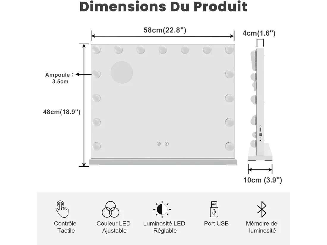 Miroir Hollywood avec Lampe et Haut - Parleur Bluetooth miroir de maquillage avec 15 ampoules LED dimmables 58 x 48 cm - Blanc