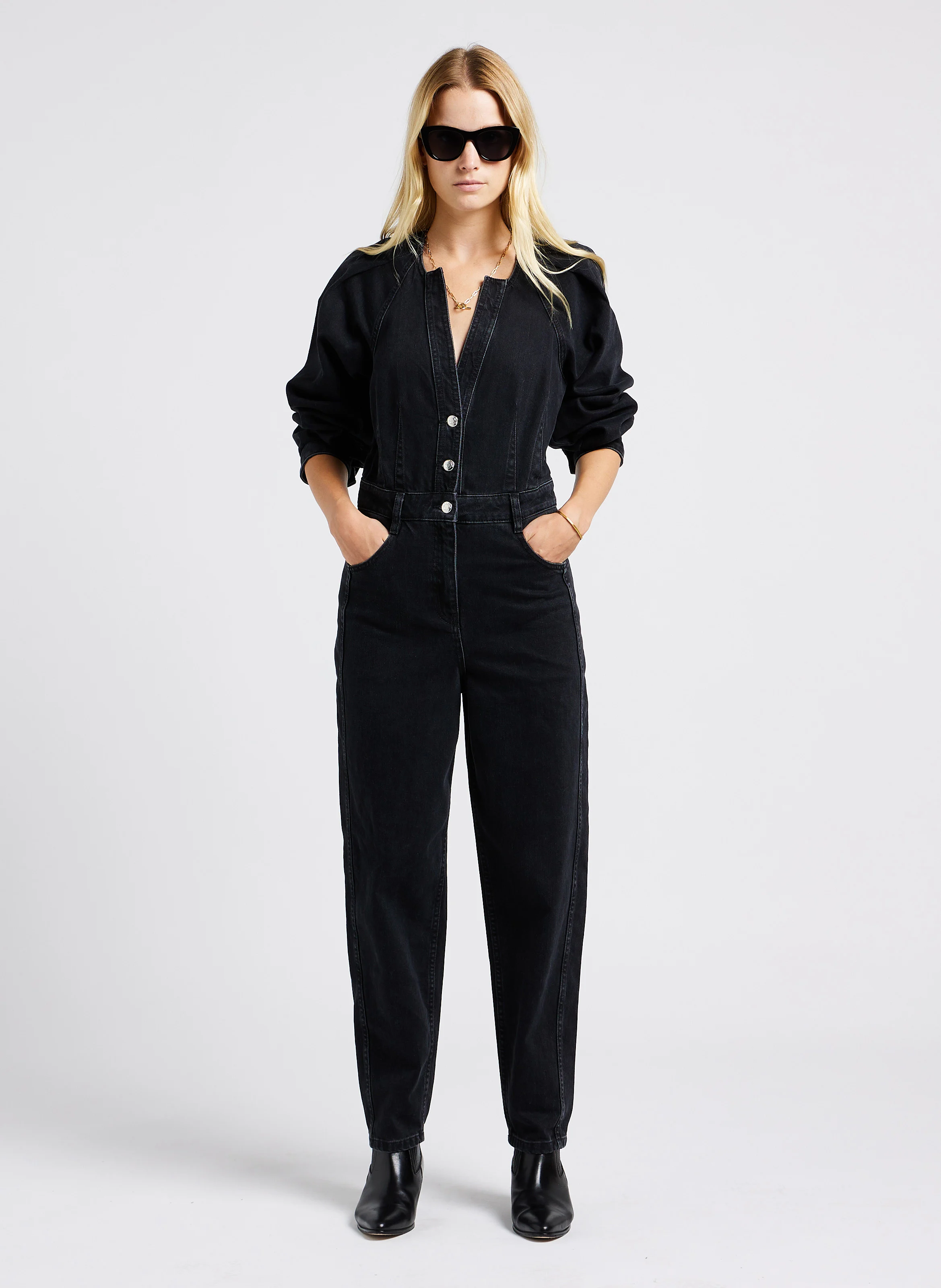 TIASE - Combinaison col tunisien en denim | Noir