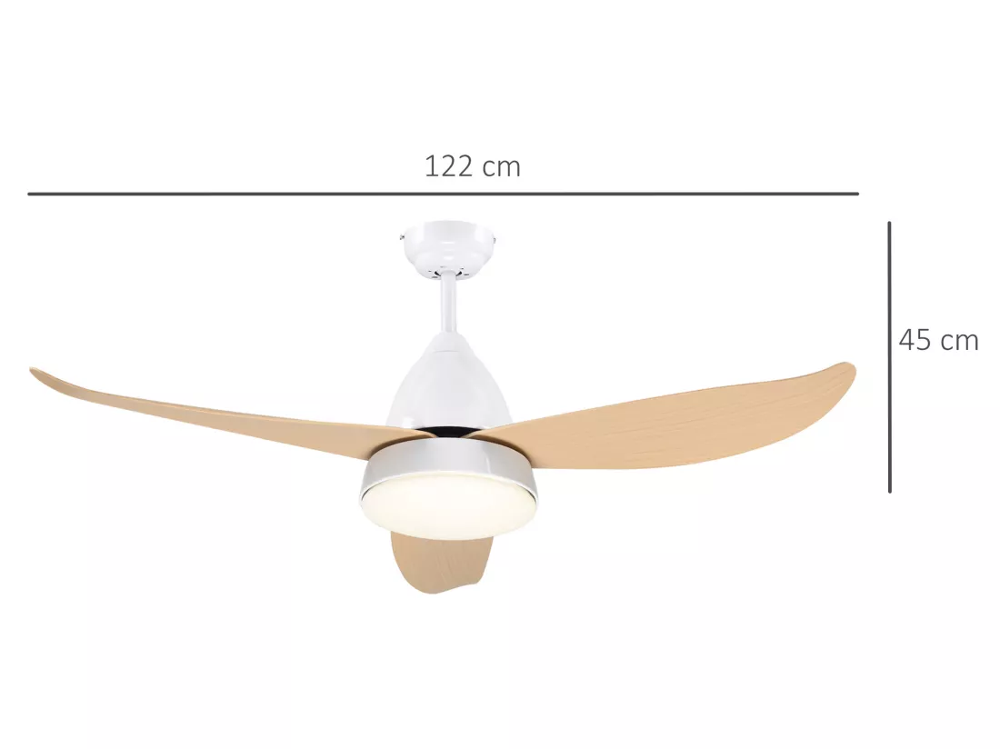 Ventilateur de plafond plafonnier 2 en 1 réversible - 3 pales, 6 vitesses, timer - télécommande, kit installation inclus - métal blanc ABS aspect bois clair