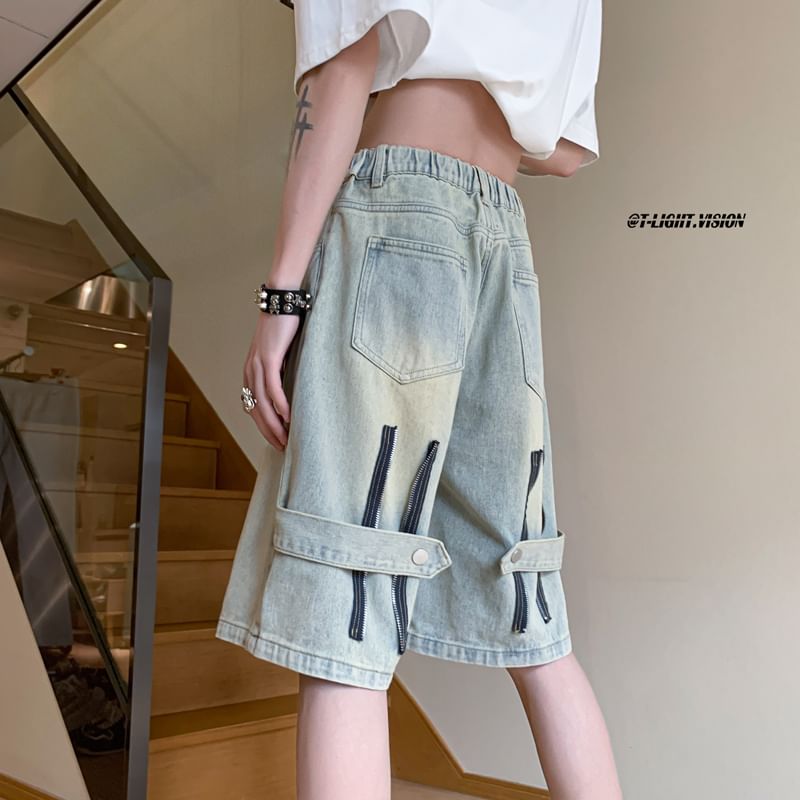 Giuliana - Mid Waist Washed Distressed Denim Shorts / Capri Straight Leg Jeans