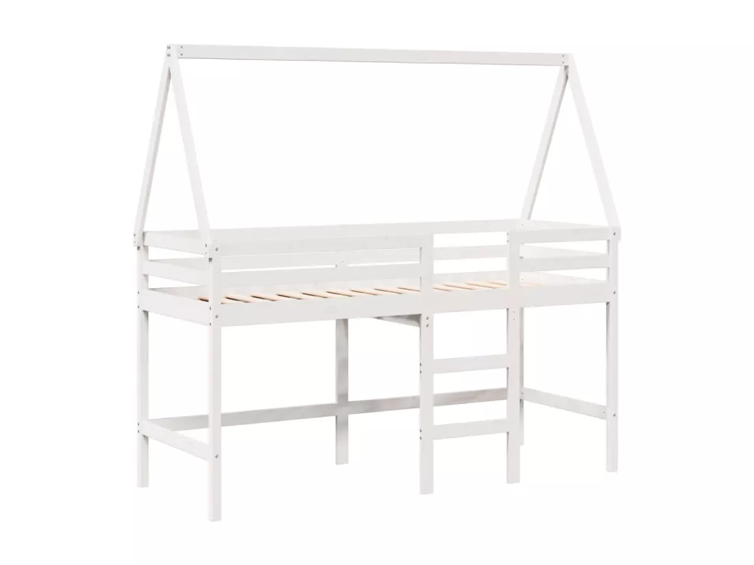 Lit superposé et échelle et toit blanc 90x200cm bois pin massif