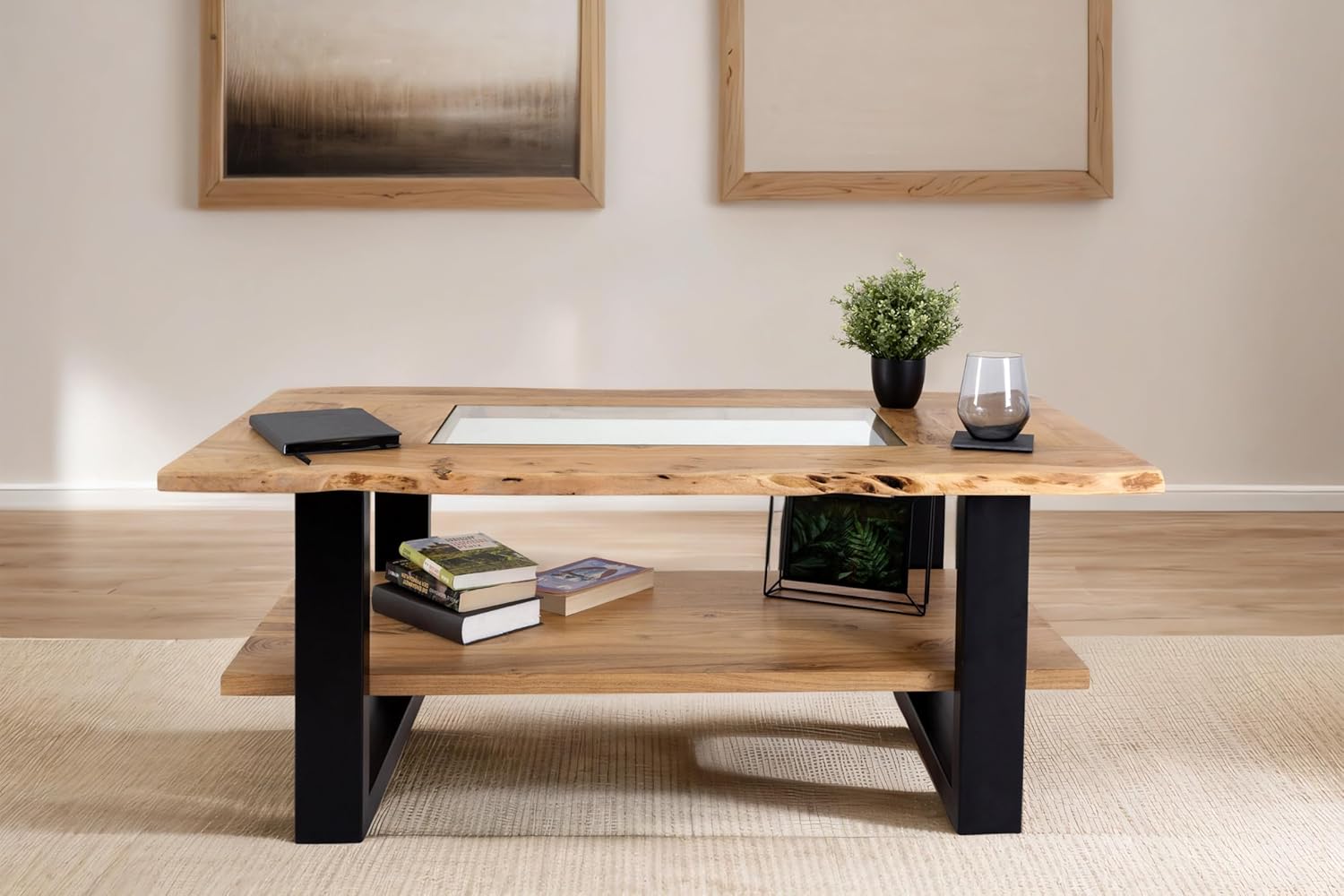 SAM Couchtisch 115x65 cm Patrick, Sofatisch mit Ablage und Glasplatte, Akazienholz massiv + naturfarben, Beistelltisch mit schwarzem U-Metallgestell, echte Baumkante