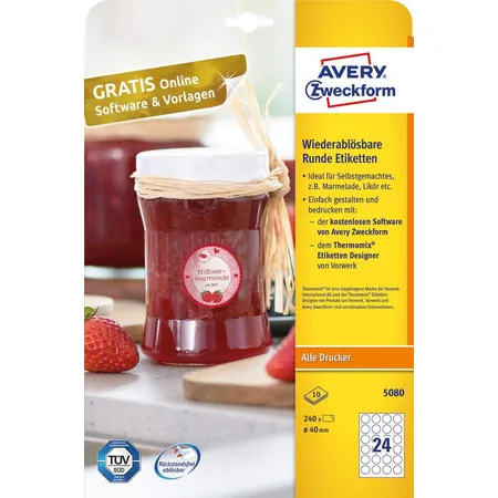 Avery Zweckform 5080 Wiederablösbare, runde Etiketten,A4 Ø 40 mm, 10 Bogen/240 Etiketten, weiß