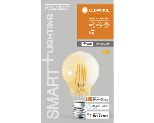 Ledvance Smart+ Filament Classic LED-lamp, dimbaar, A60 E27/6W (53W), goud, 680 lm, 2400 K warm wit, WiFi