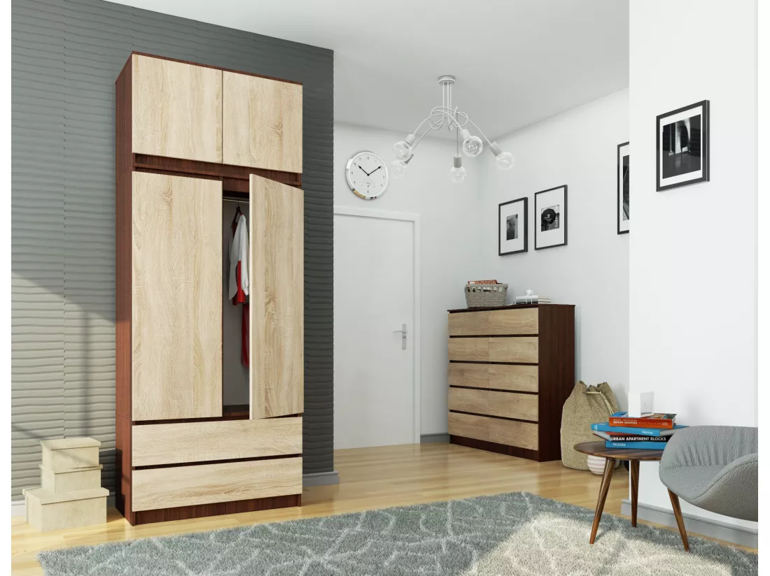 Armoire avec surmeuble AKORD S90 Wengé 90 cm 2 portes 2 tiroirs façade Chêne Sonoma 6 étagères 90x51x234 cm