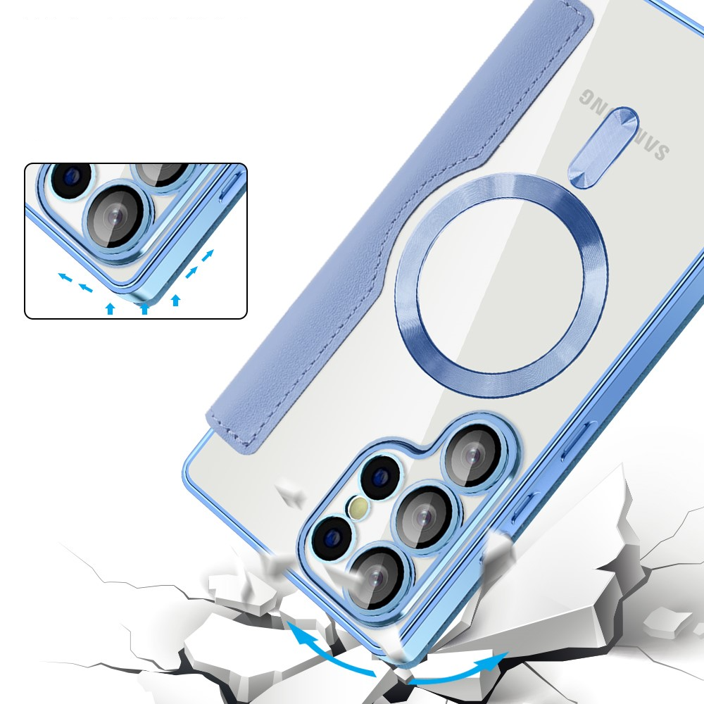 Samsung Galaxy S25 Ultra Hybrid Leder Tasche   Kunststoff Rückseite MagSafe-Modul mit Steppmuster (RFID Schutz) - Blau / Transparent