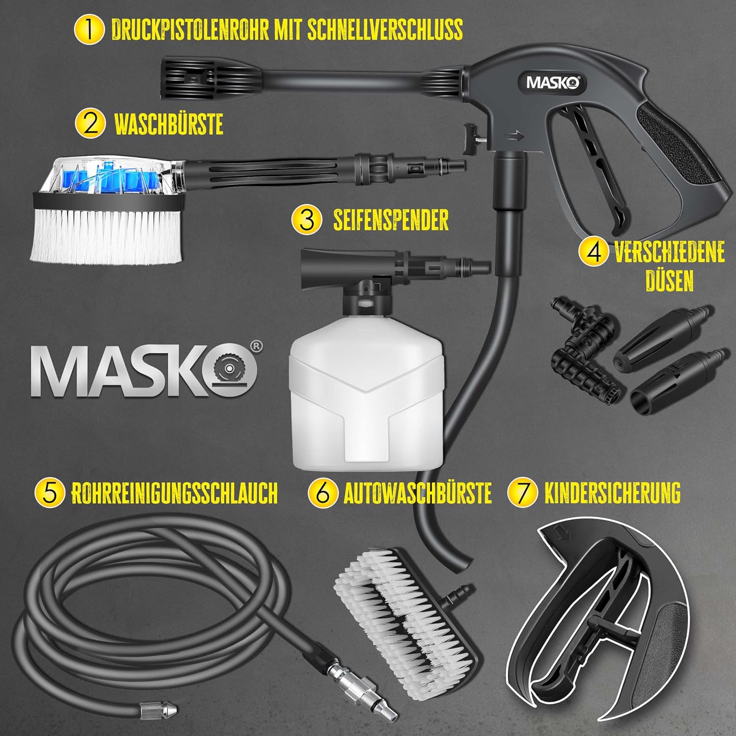MASKO® Hochdruckreiniger 2200 Watt 165 bar 450 l/h, mit Spule Schlauchtrommel 10m Schlauch 9 TLG Zubehör Set, mit Handschuhen, Seifenflasche, Schaumdüse, Hochdruckpistole für Autos/Zäune/Garten/Patios