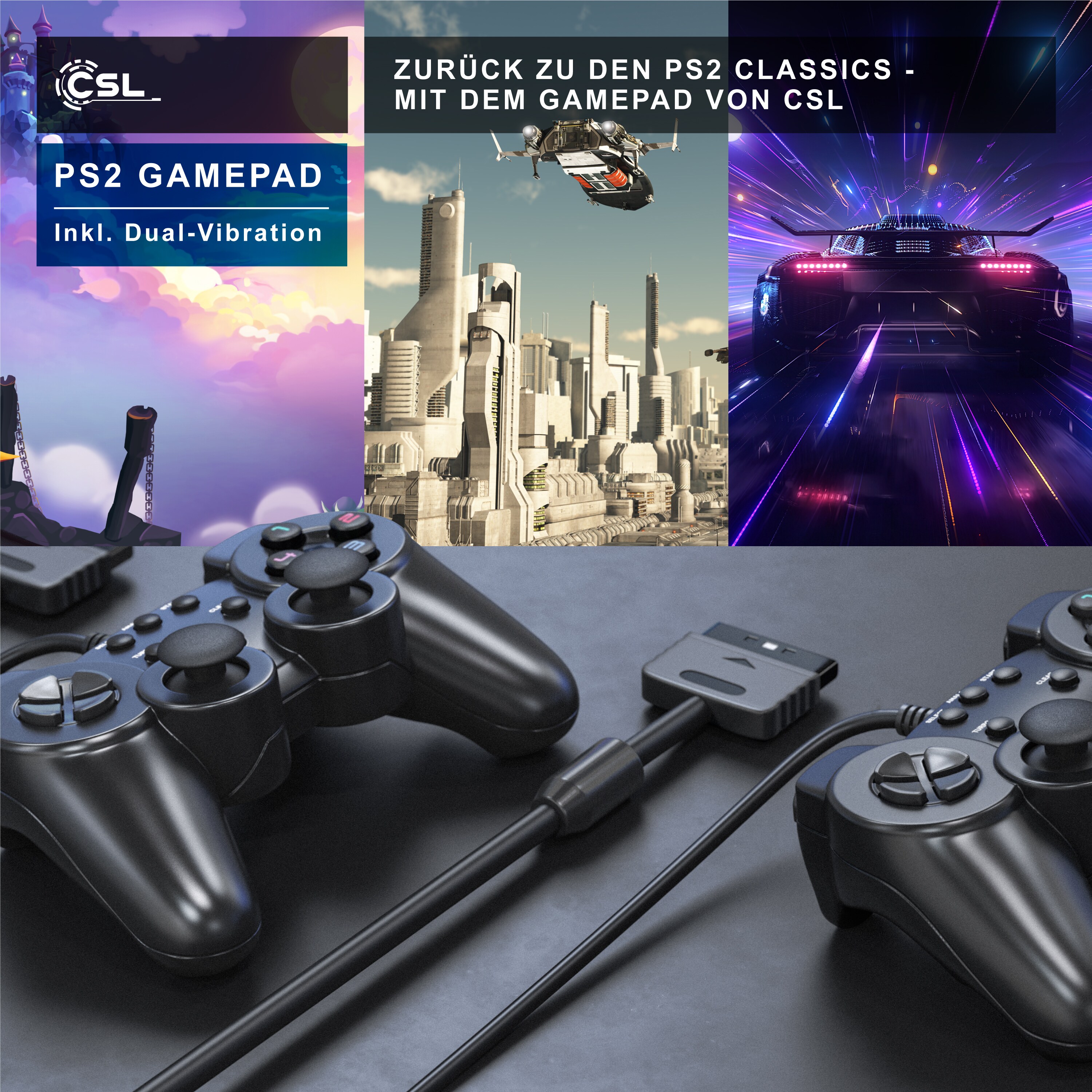 CSL PlayStation-Controller, PS2 Gamepad mit Dual Vibration (Rumble Effekt), Präzision & Komfort