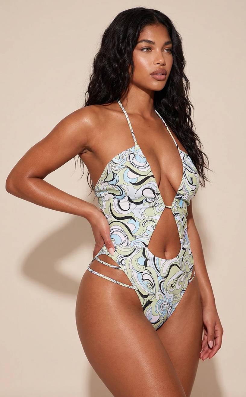Vert Maillot De Bain Sculptant À Imprimé Abstrait Avec Encolure Licou Ornée De Perles