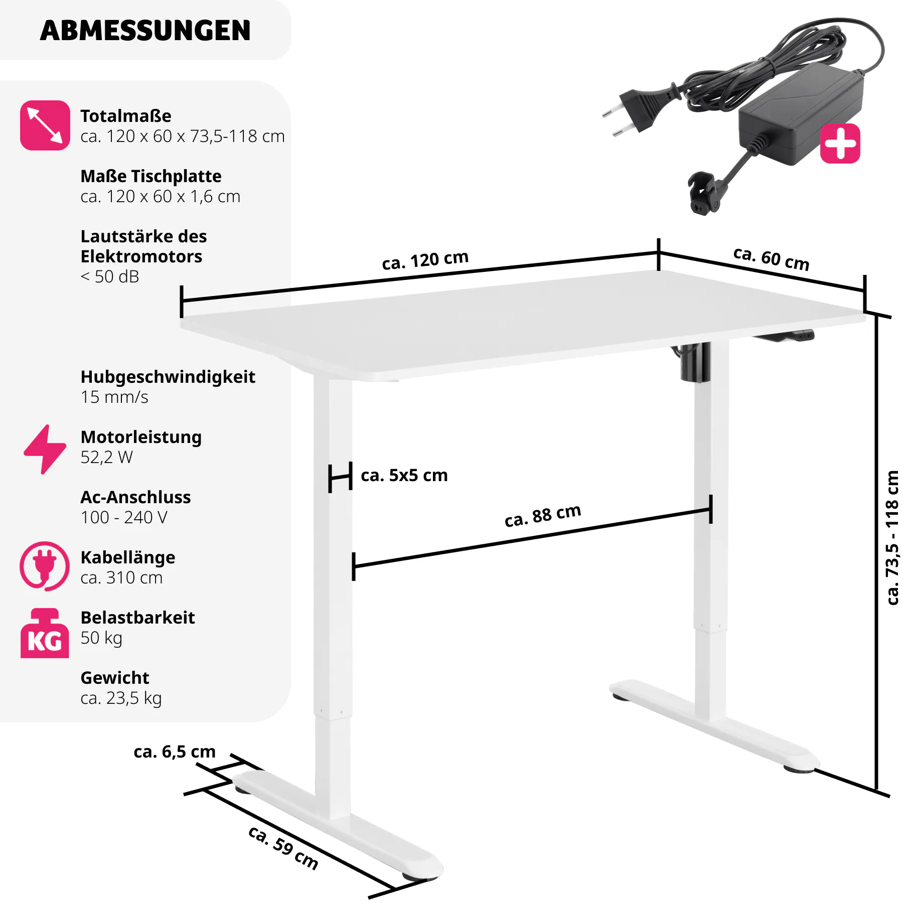 tectake® Elektrisch höhenverstellbarer Schreibtisch , stufenlos, leise, inklusive Kabelführungsblende und -haken, 120 x 60 x 73,5 - 118 cm