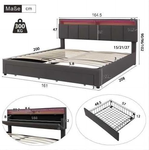 Polsterbett 160x200 cm mit LED-Beleuchtung, Doppelbett mit Stauraum und 2 Schubladen, Erwachsenenbett mit Hydraulischem Stauraum, Bettgestell Bett mit Lattenrost, Ohne Matratze, Grau, Leinen